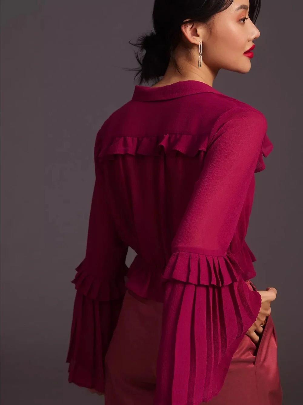 Anthropologie Sheer Ruffles V-Neck Blouse with Flare Sleeves and Fabric Buttons - Picture 4 of 7